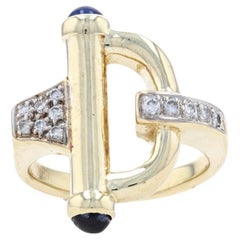 Yellow Gold Sapphire Diamond Ring - 14k Round Cabochon .92ctw Equestrian Stirrup