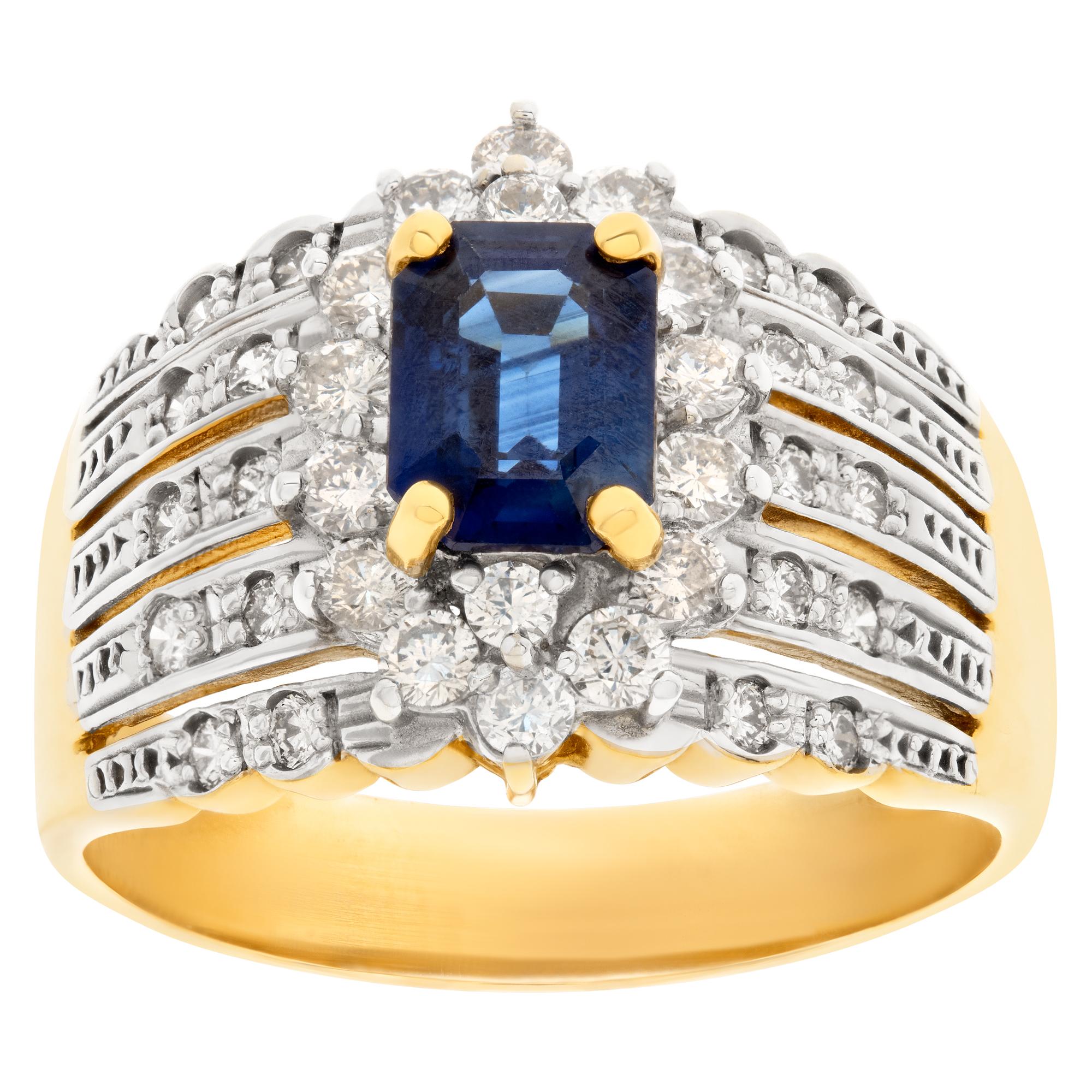 Sapphire & diamond ring in 18k yellow gold signed by LeVian with appoximately 2 carat Sapphire and approximately 1 carat in G-H color, VS clarity diamonds. Size 11This Diamond/Sapphires ring is currently size 11 and some items can be sized up or