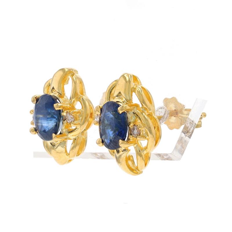 Oval Cut Yellow Gold Sapphire & Diamond Stud Earrings - 18k Oval 1.66ctw Pierced For Sale