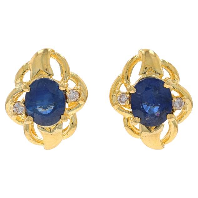 Yellow Gold Sapphire & Diamond Stud Earrings - 18k Oval 1.66ctw Pierced For Sale