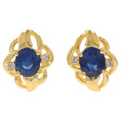 Yellow Gold Sapphire & Diamond Stud Earrings - 18k Oval 1.66ctw Pierced