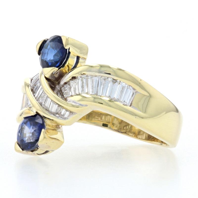 Yellow Gold Sapphire & Diamond Two-Stone Bypass Ring, 18k Round Cut 2.43ctw In Excellent Condition For Sale In Greensboro, NC