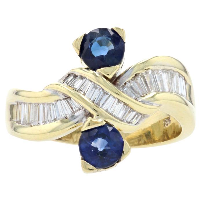 Yellow Gold Sapphire & Diamond Two-Stone Bypass Ring, 18k Round Cut 2.43ctw For Sale