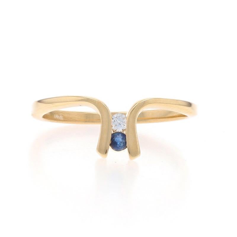Size: 4
Sizing Fee: Up 1 size for $30

Metal Content: 14k Yellow Gold

Stone Information
Natural Sapphire
Treatment: Heating
Carat(s): .04ct
Cut: Round
Color: Blue

Natural Diamond
Carat(s): .02ct
Cut: Round Brilliant
Color: J
Clarity: SI1

Style: