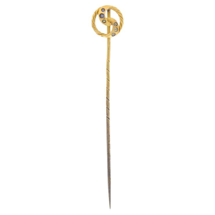 Yellow Gold Sapphire & Diamond Victorian Circle Knot Stickpin - 18k Antique Pin For Sale