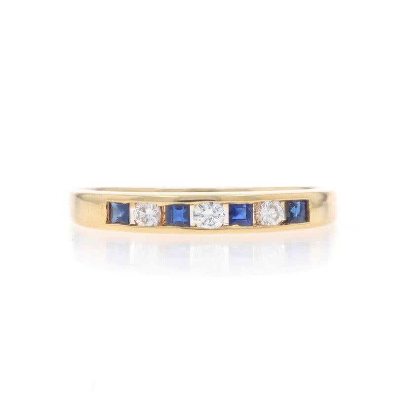 Size: 6
Sizing Fee: Up 1/2 a size for $30 or Down 1/2 a size for $30

Metal Content: 14k Yellow Gold

Stone Information

Natural Sapphires
Treatment: Heating
Carat(s): .16ctw
Cut: Square
Color: Blue

Natural Diamonds
Carat(s): .09ctw
Cut: Round