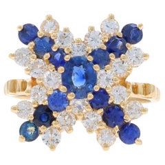 Yellow Gold Sapphire Diamond X Cluster Cocktail Ring- 14k Oval and Round 2.58ctw