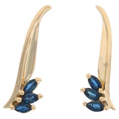 Yellow Gold Sapphire Ear Climber Earrings - 14k Marquise .48ctw Leaves Pierced