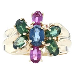 Yellow Gold Sapphire Flower Cluster Halo Bypass Ring, 10k Oval Cut 3.10ctw