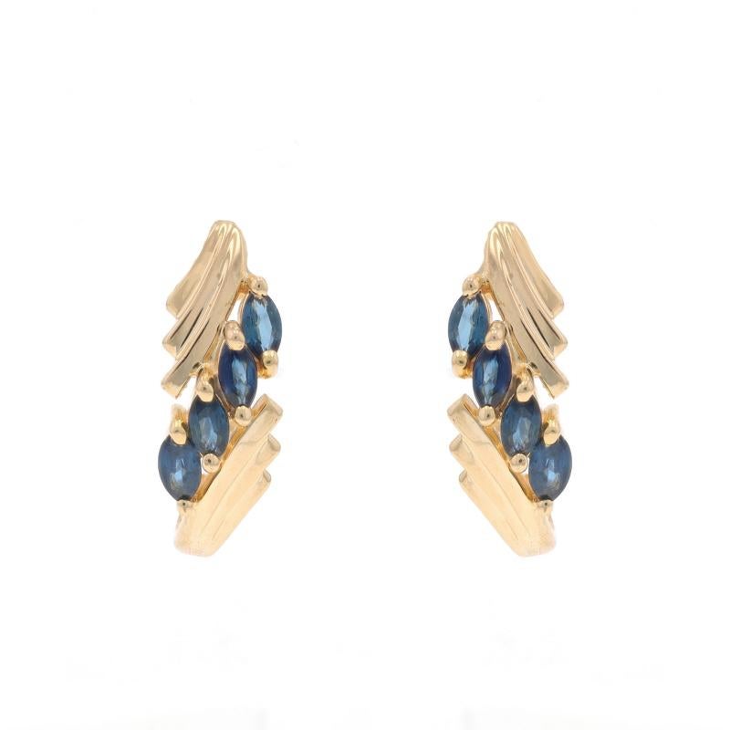 Metal Content: 14k Yellow Gold

Stone Information

Natural Sapphires
Treatment: Heating
Carat(s): 1.04ctw
Cut: Marquise
Color: Blue

Total Carats: 1.04ctw

Style: J-Hook
Fastening Type: Butterfly Closures

Measurements

Tall: 5/8