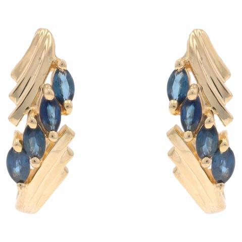 Yellow Gold Sapphire J-Hook Earrings - 14k Marquise 1.04ctw Pierced For Sale
