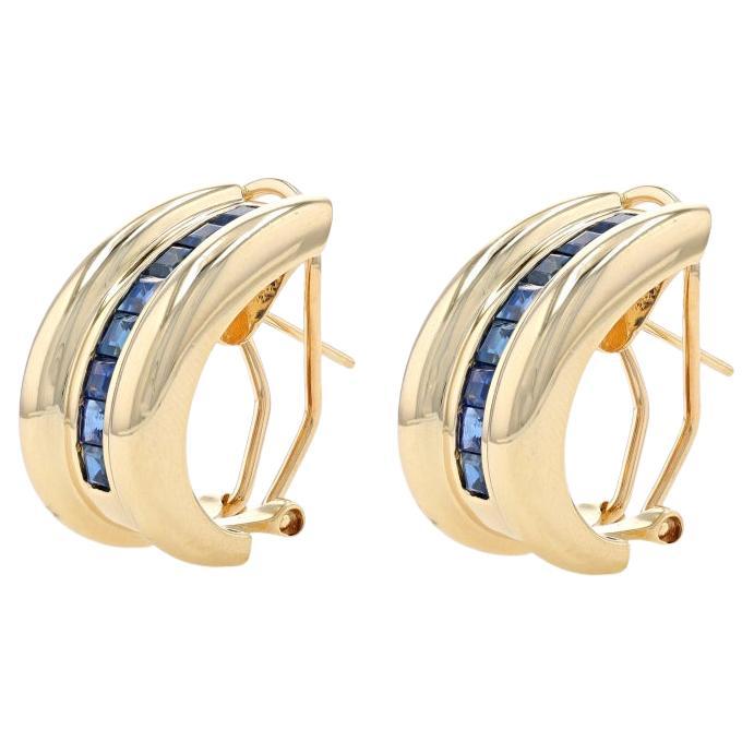 Yellow Gold Sapphire J- Hoop Earrings - 14k Square 2.40ctw Pierced For Sale