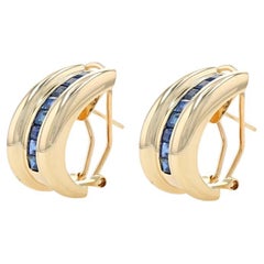 Yellow Gold Sapphire J- Hoop Earrings - 14k Square 2.40ctw Pierced
