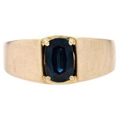Yellow Gold Sapphire Men's Ring - 14K Oval Cut 1.18ct Solitaire Brushed