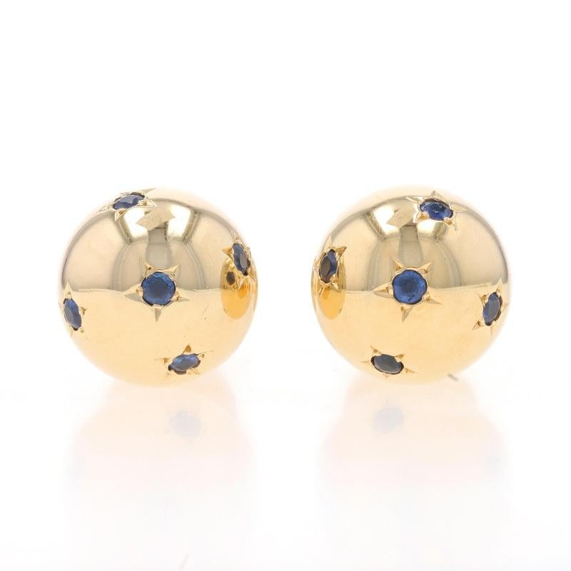 Era: Modernist
Date: 1940s - 1950s

Metal Content: 14k Yellow Gold

Stone Information
Natural Sapphires
Treatment: Heating
Carat(s): .50ctw
Cut: Round
Color: Blue

Total Carats: .50ctw

Style: Cufflinks
Theme: Star Orb, Celestial