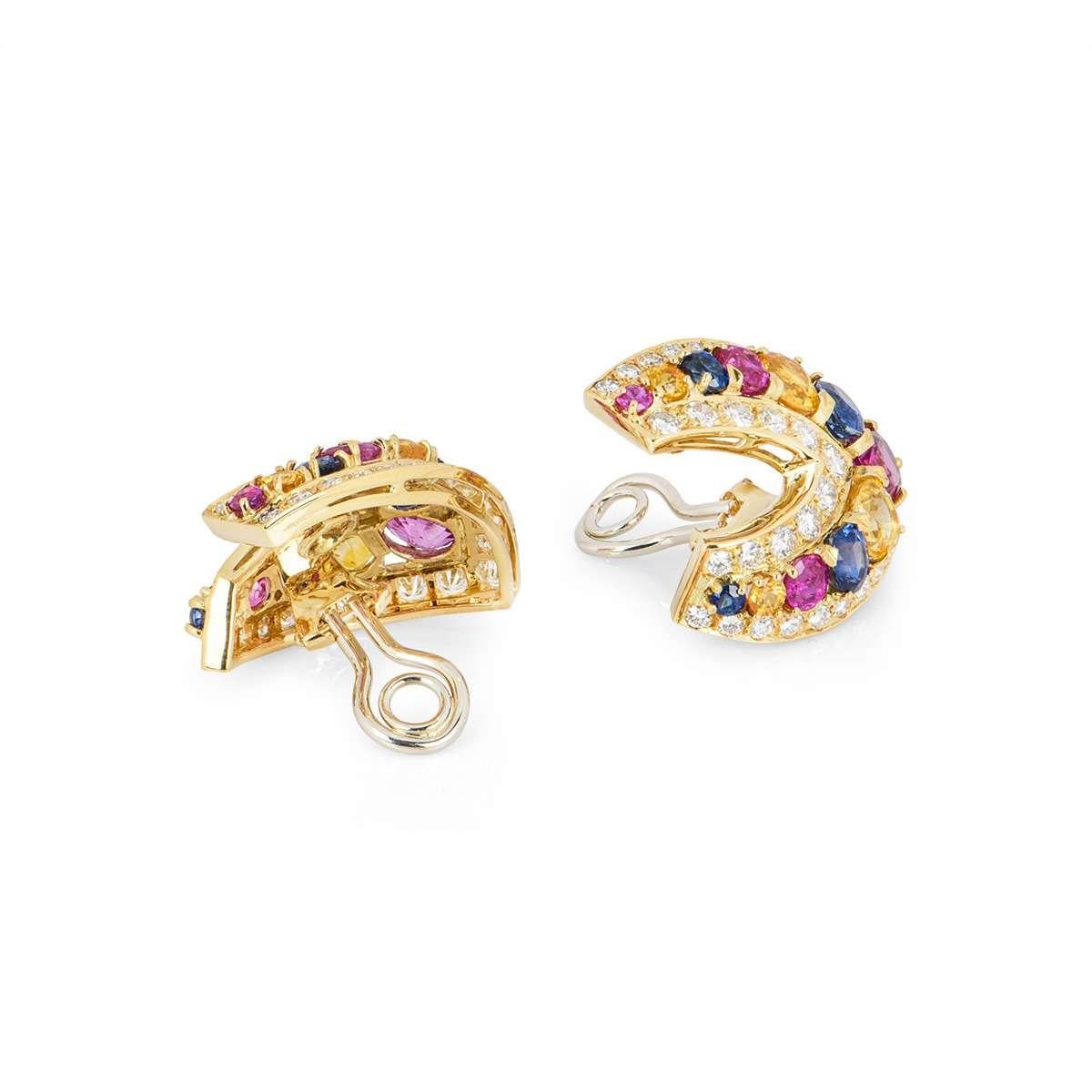 Round Cut Yellow Gold Sapphire, Multi-Gem and Diamond Clip Earrings