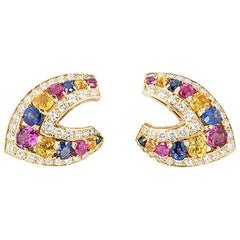 Yellow Gold Sapphire, Multi-Gem and Diamond Clip Earrings