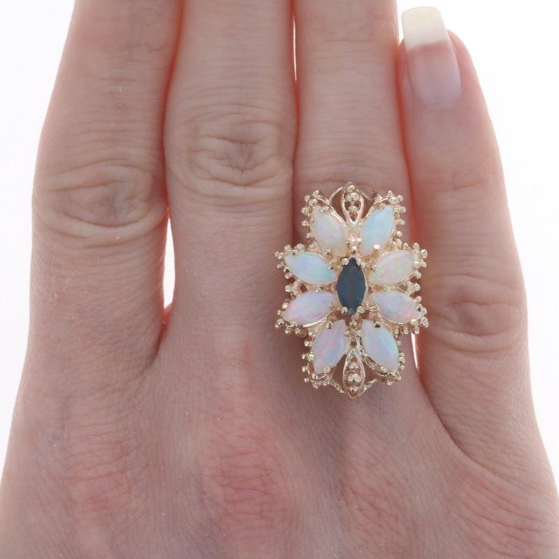 Marquise Cut Yellow Gold Sapphire & Opal Vintage Halo Ring 14k Marquise 4.20ctw Bamboo Flower For Sale