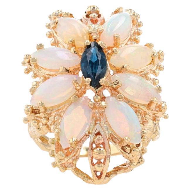 Yellow Gold Sapphire & Opal Vintage Halo Ring 14k Marquise 4.20ctw Bamboo Flower For Sale