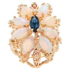 Yellow Gold Sapphire & Opal Vintage Halo Ring 14k Marquise 4.20ctw Bamboo Flower