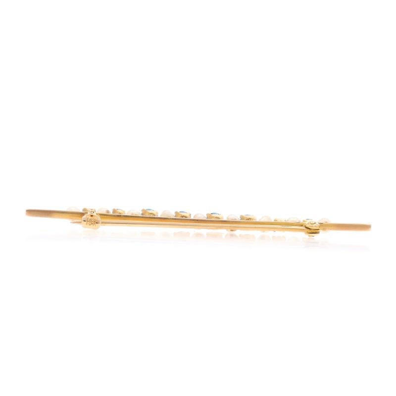 Round Cut Yellow Gold Sapphire Pearl Edwardian Bar Brooch - 10k Round .72ctw Antique Pin For Sale