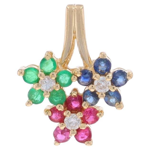 Yellow Gold Sapphire Ruby Emerald Cluster Halo Pendant -14k Round .61ctw Flowers For Sale