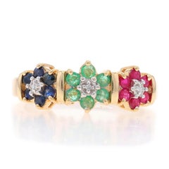 Yellow Gold Sapphire Ruby Emerald Cluster Halo Ring 10k Round .84ctw Flower Trio