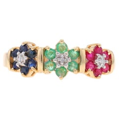 Yellow Gold Sapphire Ruby Emerald Cluster Halo Ring 10k Round .84ctw Flower Trio