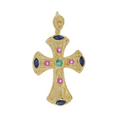 Gelbgold Saphir Rubin Smaragd Kreuz Anhänger - 18k Marquise .80ctw Glaube