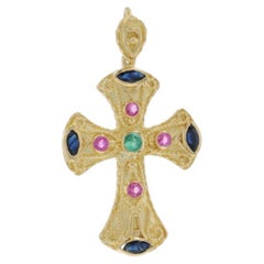 Gelbgold Saphir Rubin Smaragd Kreuz Anhänger - 18k Marquise .80ctw Glaube
