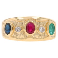 Yellow Gold Sapphire Ruby Emerald Diamond Three-Stone Band 14k Oval .57ctw Ring