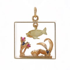 Yellow Gold Sapphire Ruby Pearl Aquarium Pendant 14k Round.35ctw Fish Tank Moves