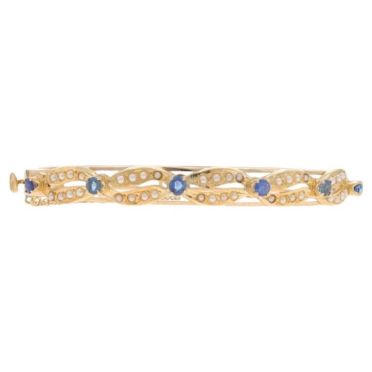 Yellow Gold Sapphire & Seed Pearl Vintage Bangle Bracelet 6 1/2" 14k Rnd 1.06ctw For Sale