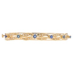 Yellow Gold Sapphire & Seed Pearl Vintage Bangle Bracelet 6 1/2" 14k Rnd 1.06ctw