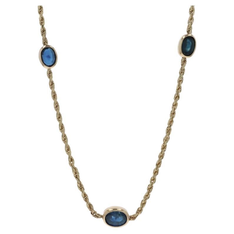 Yellow Gold Sapphire Station Necklace 19 3/4" - 14k Oval 3.55ctw Rope Chain For Sale