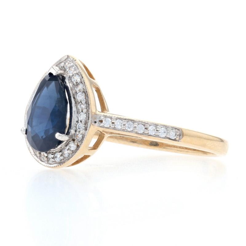 For Sale:  Yellow Gold Sapphire & Zircon Halo Ring, 10k Pear Brilliant 1.76ctw 2