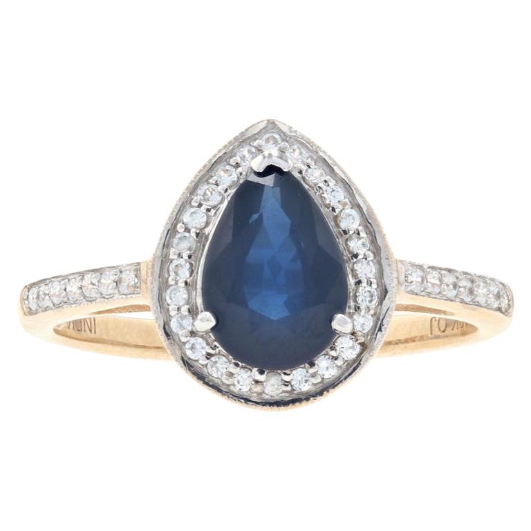 For Sale:  Yellow Gold Sapphire & Zircon Halo Ring, 10k Pear Brilliant 1.76ctw