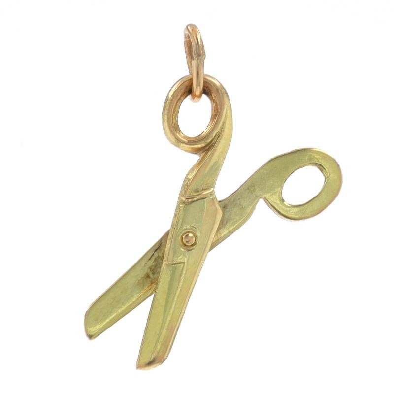 Metal Content: 10k Yellow Gold

Theme: Scissors, Office School Arts & Crafts Tool
Features: The scissors can open and close

Measurements

Tall (from stationary bail): 13/16
