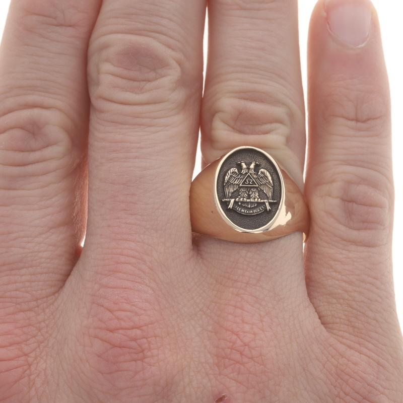 Size: 15
Sizing Fee: Up 3 sizes for $90 or Down 3 sizes for $60

Brand: Jostens
Organization: Scottish Rite

Metal Content: 14k Yellow Gold

Style: Signet

Measurements
Face Height (north to south): 25/32