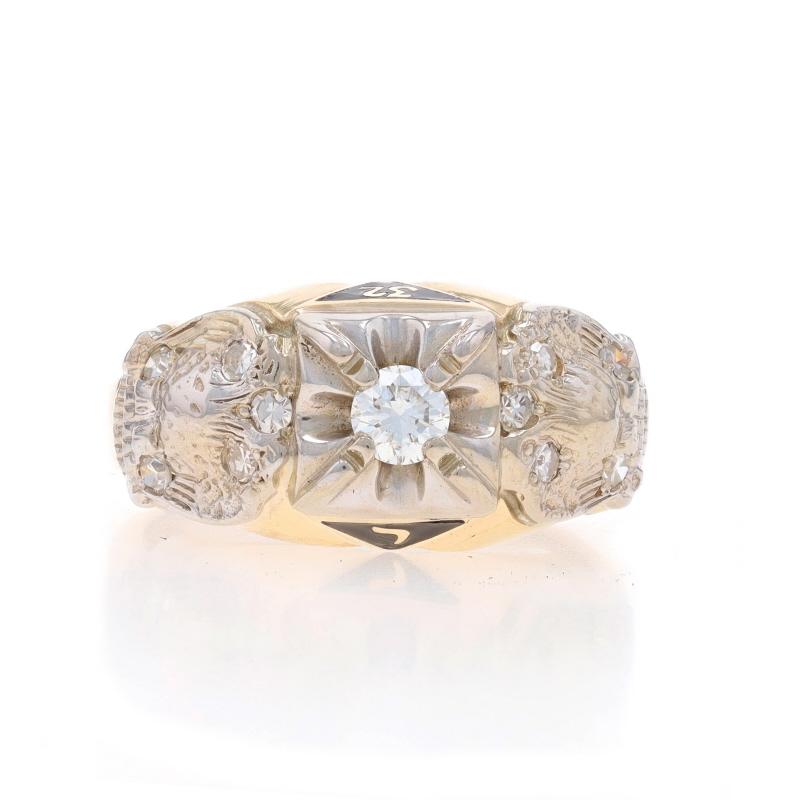 Size: 10
Sizing Fee: Up 1/2 a size for $60 or Down 1/2 a size for $60

Organization: Scottish Rite

Metal Content: 10k Yellow Gold & 10k White Gold

Stone Information

Natural Diamond
Carat(s): .28ct
Cut: Round Brilliant
Color: G
Clarity: