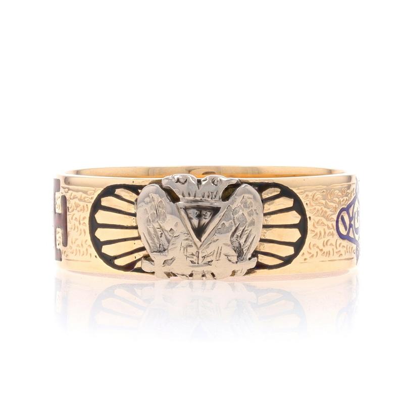 Size: 11 1/4

Organization: Scottish Rite

Metal Content: 14k Yellow Gold & 14k White Gold

Material Information
Enamel
Color: Black, Red, White, Green, & Blue

Measurements
Face Height (north to south): 5/16