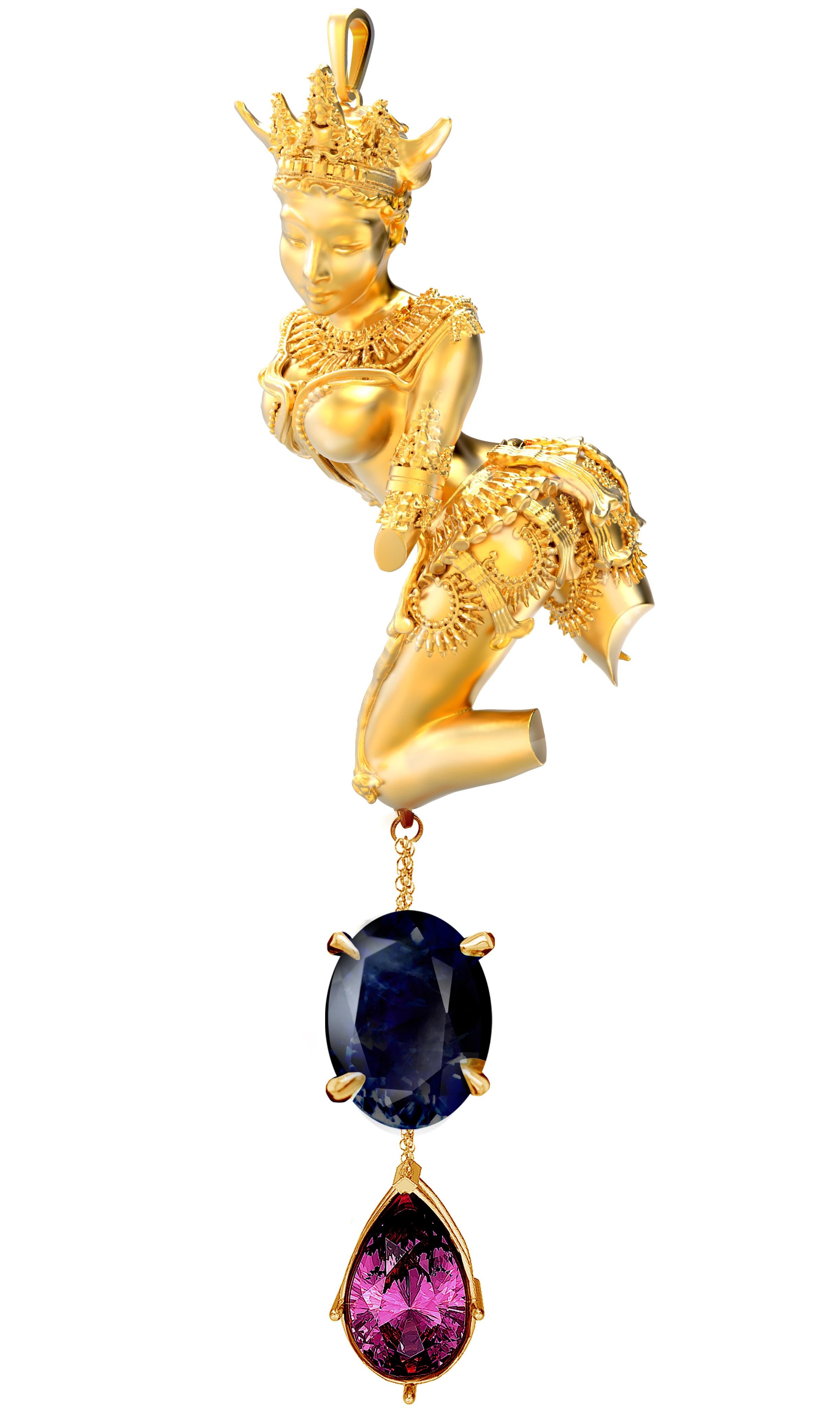 Halskette aus Gelbgold mit skulpturalem Anhänger mit blauem Saphir und Malaya-Granat für Damen oder Herren im Angebot