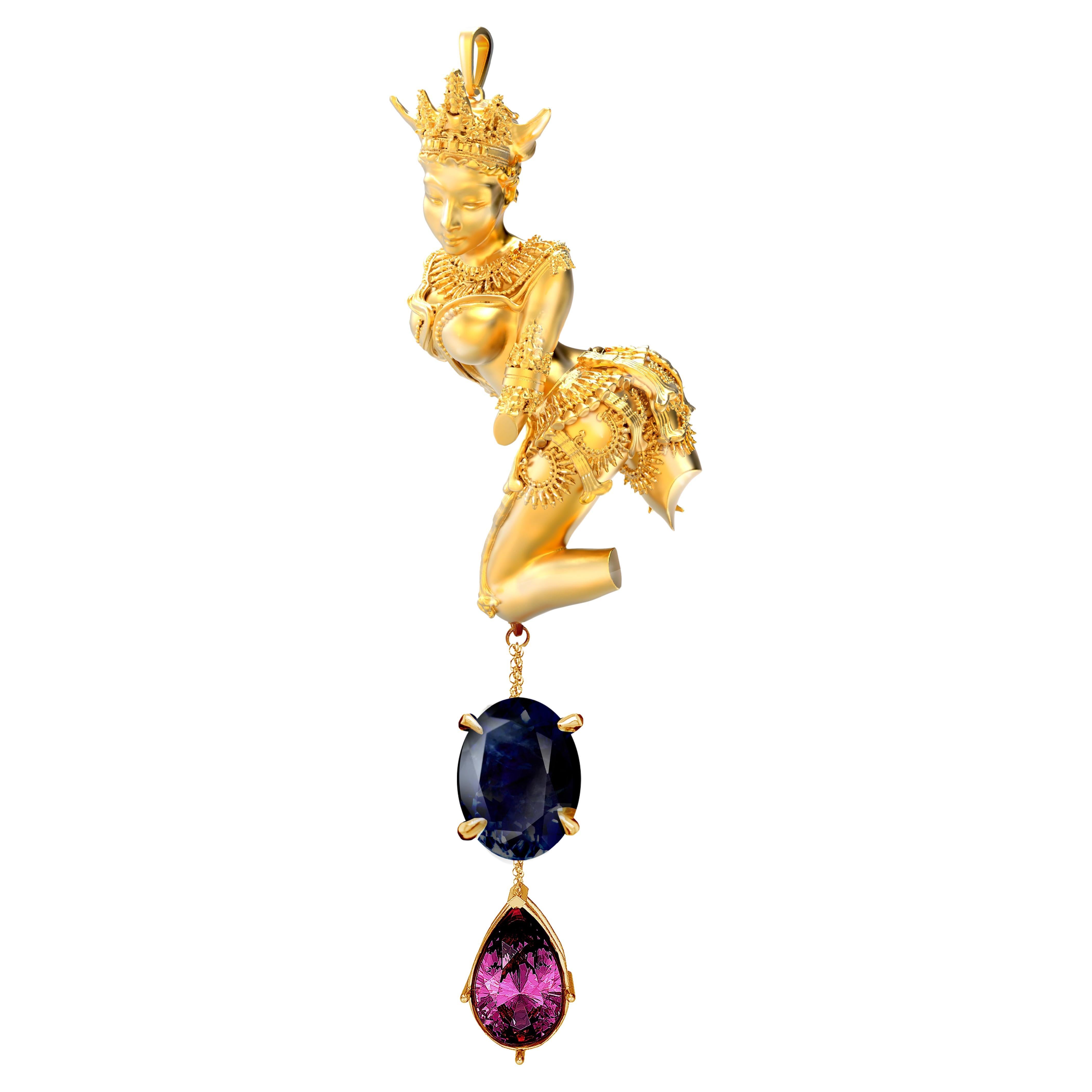 Yellow Gold Sculptural Pendant Necklace with Blue Sapphire and Malaya Garnet For Sale