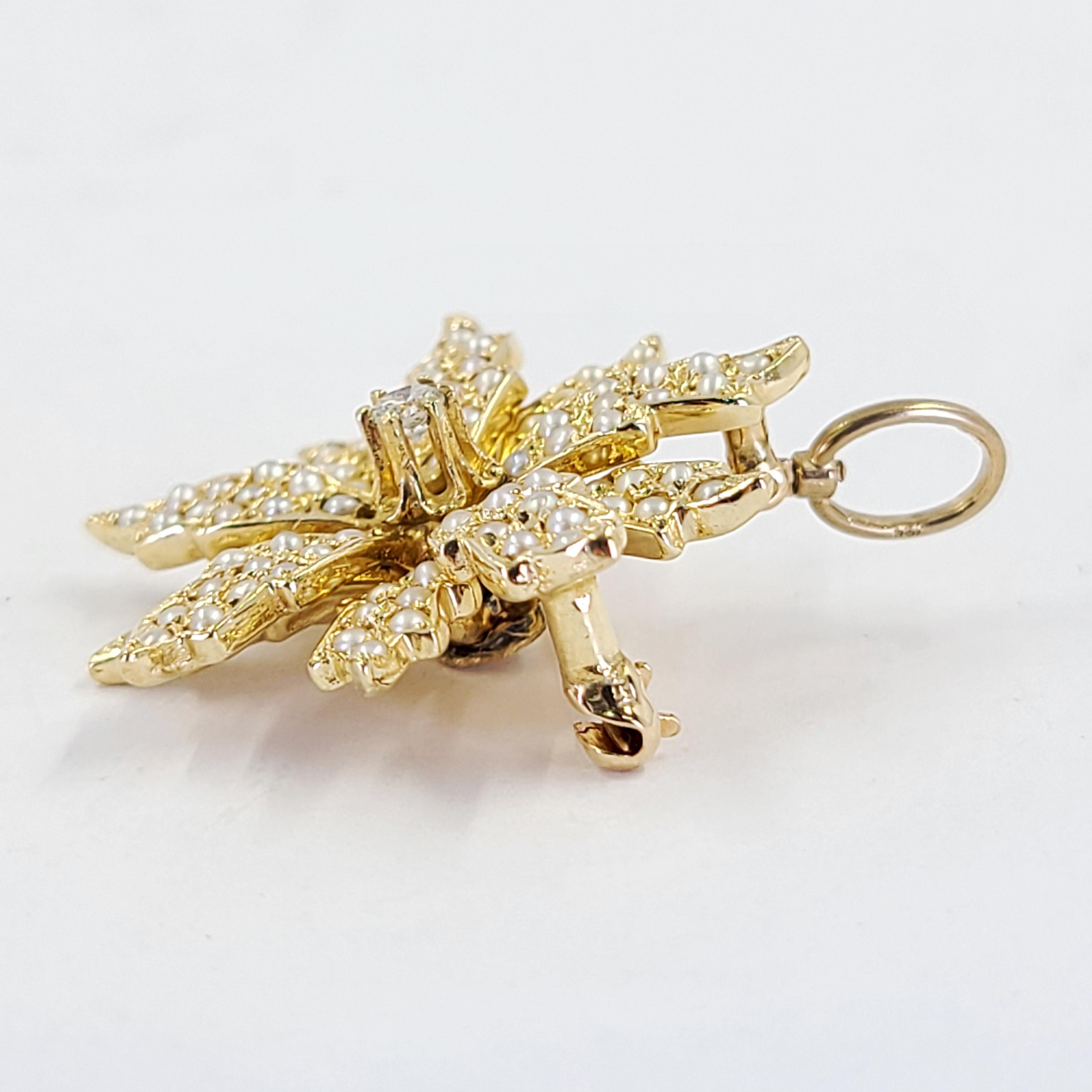 Women's or Men's Yellow Gold Seed Pearl and Diamond Brooch