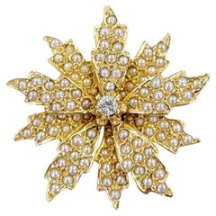 Yellow Gold Seed Pearl and Diamond Brooch