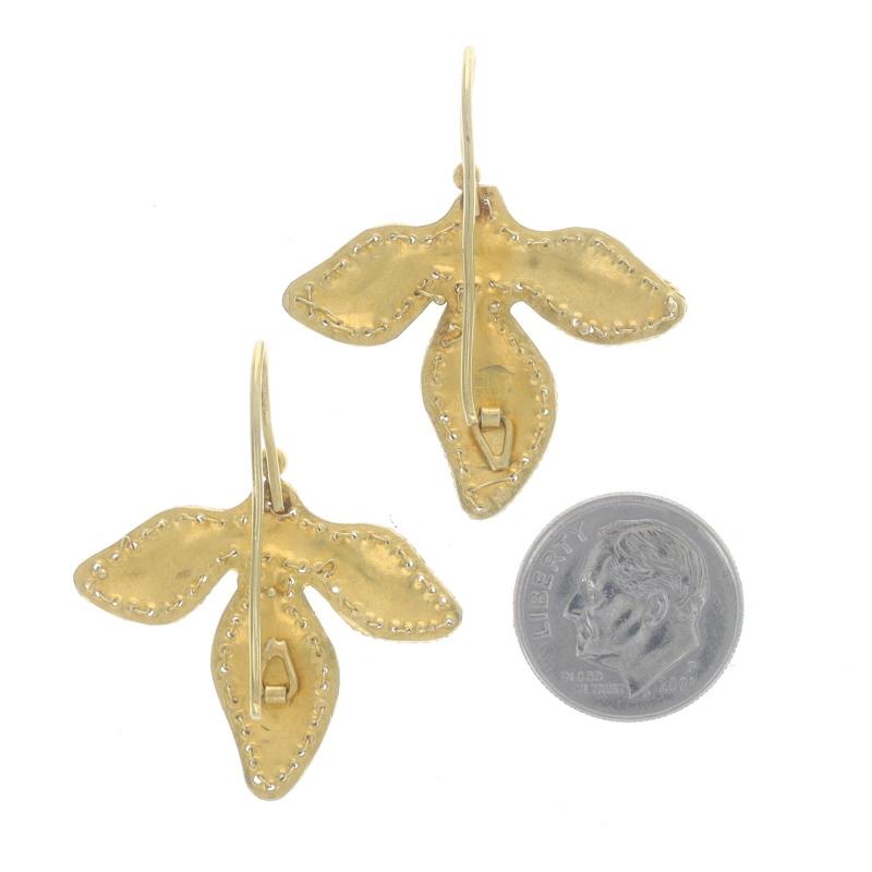 Women's Yellow Gold Seed Pearl Leaf Drop Earrings - 22k Botanical Pierced For Sale