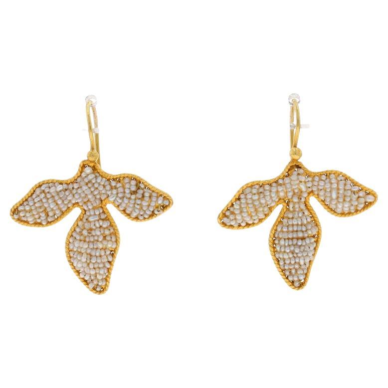 Yellow Gold Seed Pearl Leaf Drop Earrings - 22k Botanical Pierced For Sale