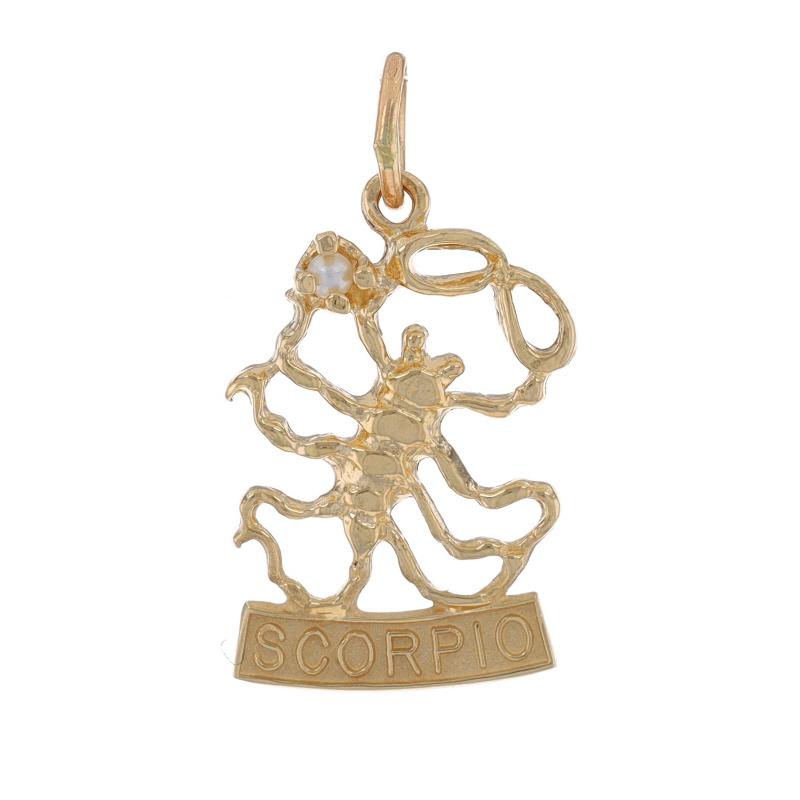 Metal Content: 14k Yellow Gold

Stone Information

Cultured Seed Pearl
Color: White

Theme: Scorpio Zodiac Sign, Astrology Scorpion

Measurements

Tall (from stationary bail): 27/32