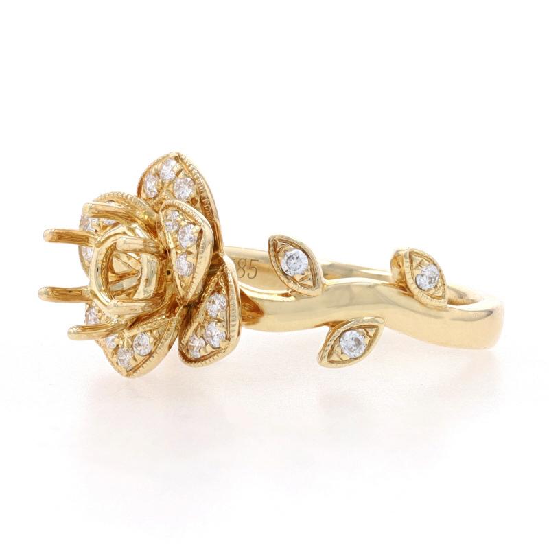 Round Cut Yellow Gold Semi-Mount Flower Ring - 14k Round Brilliant .23ctw for ~6mm Round For Sale