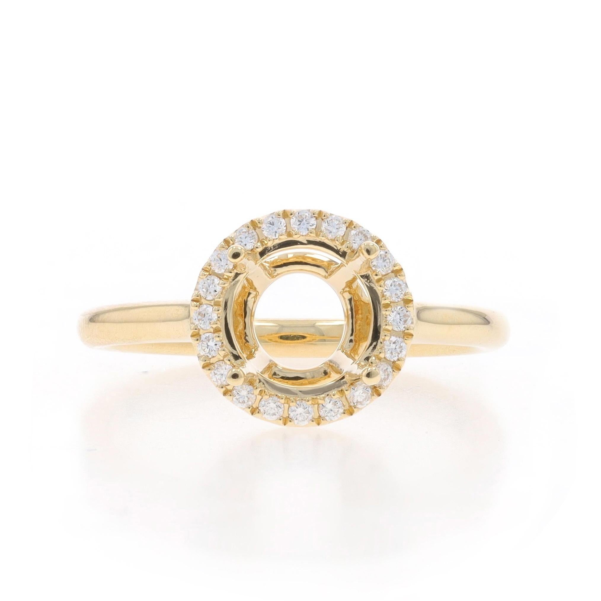 Size: 6 1/2
Sizing Fee: Up 3 sizes for $35 or Down 2 sizes for $35

Metal Content: 14k Yellow Gold

Stone Information
Natural Diamonds
Carat(s): .12ctw
Cut: Round Brilliant
Color: G
Clarity: VS2 - SI1

Total Carats: .12ctw

Center Fits Stone